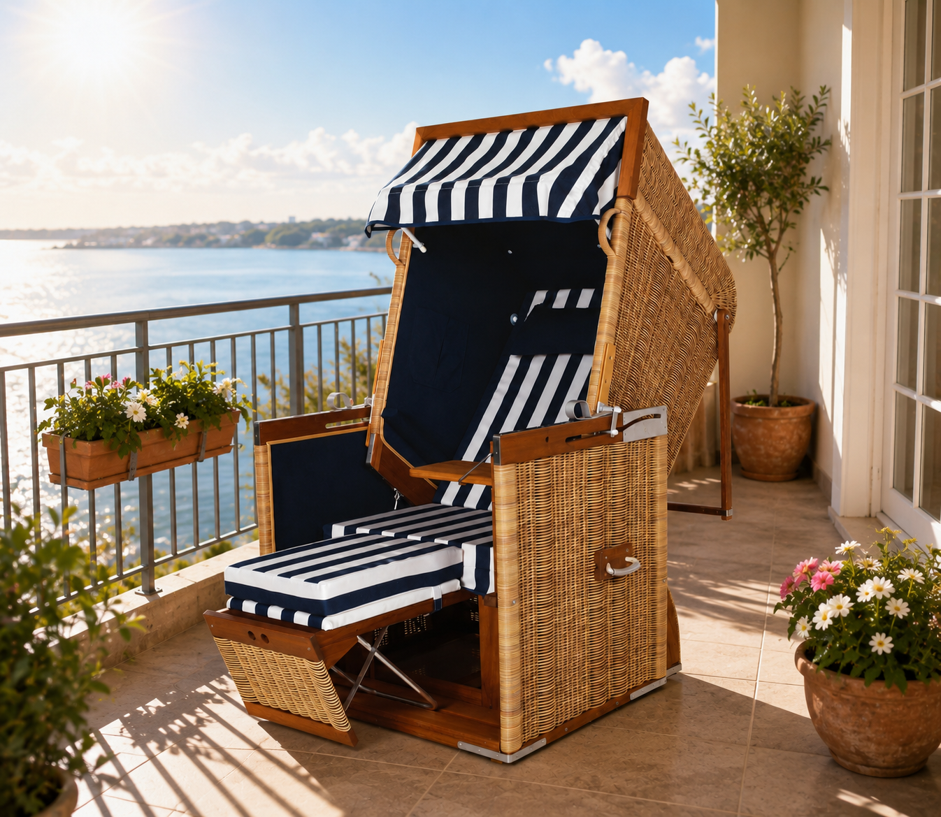 Strandkorb "Blue Stripes" auf einem Balkon - Einsitzer Nordseeform Volllieger