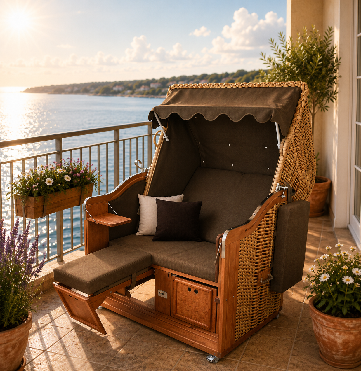 Strandkorb "Bornholm" auf einem Balkon - Zweisitzer Ostseeform Halblieger