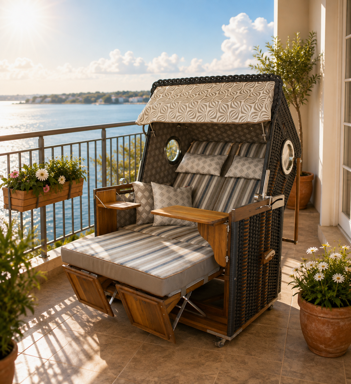 Strandkorb "Luxus" auf einem Balkon - Zweisitzer Nordseeform Volllieger