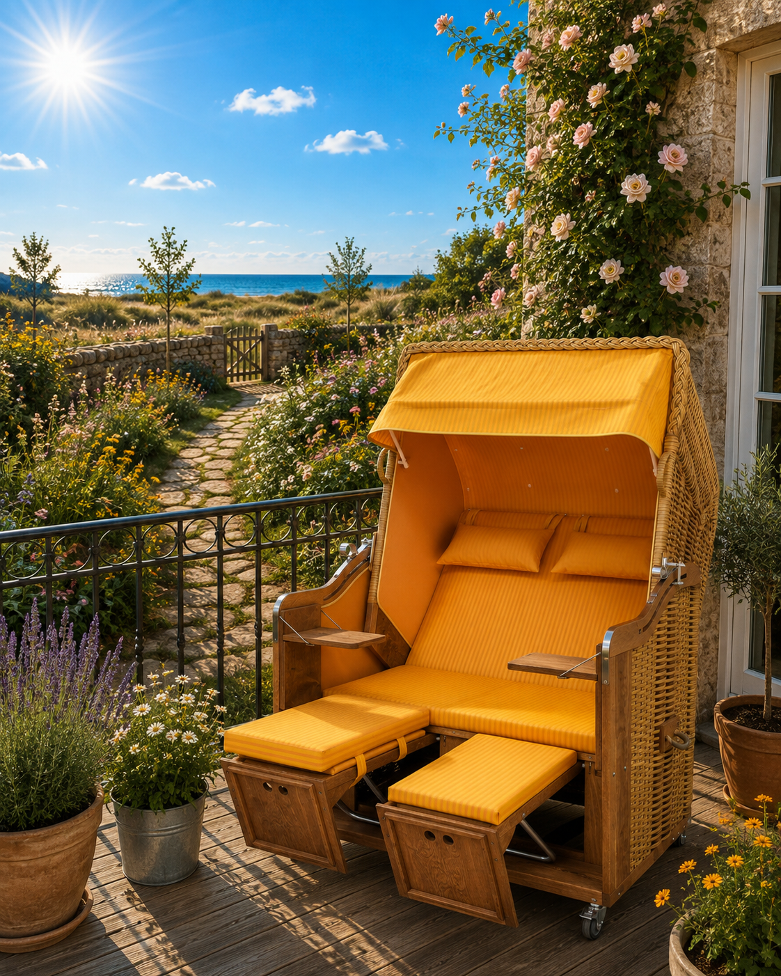 Strandkorb "Yellow Stripes" auf einem Balkon - Zweisitzer Ostseeform Halblieger