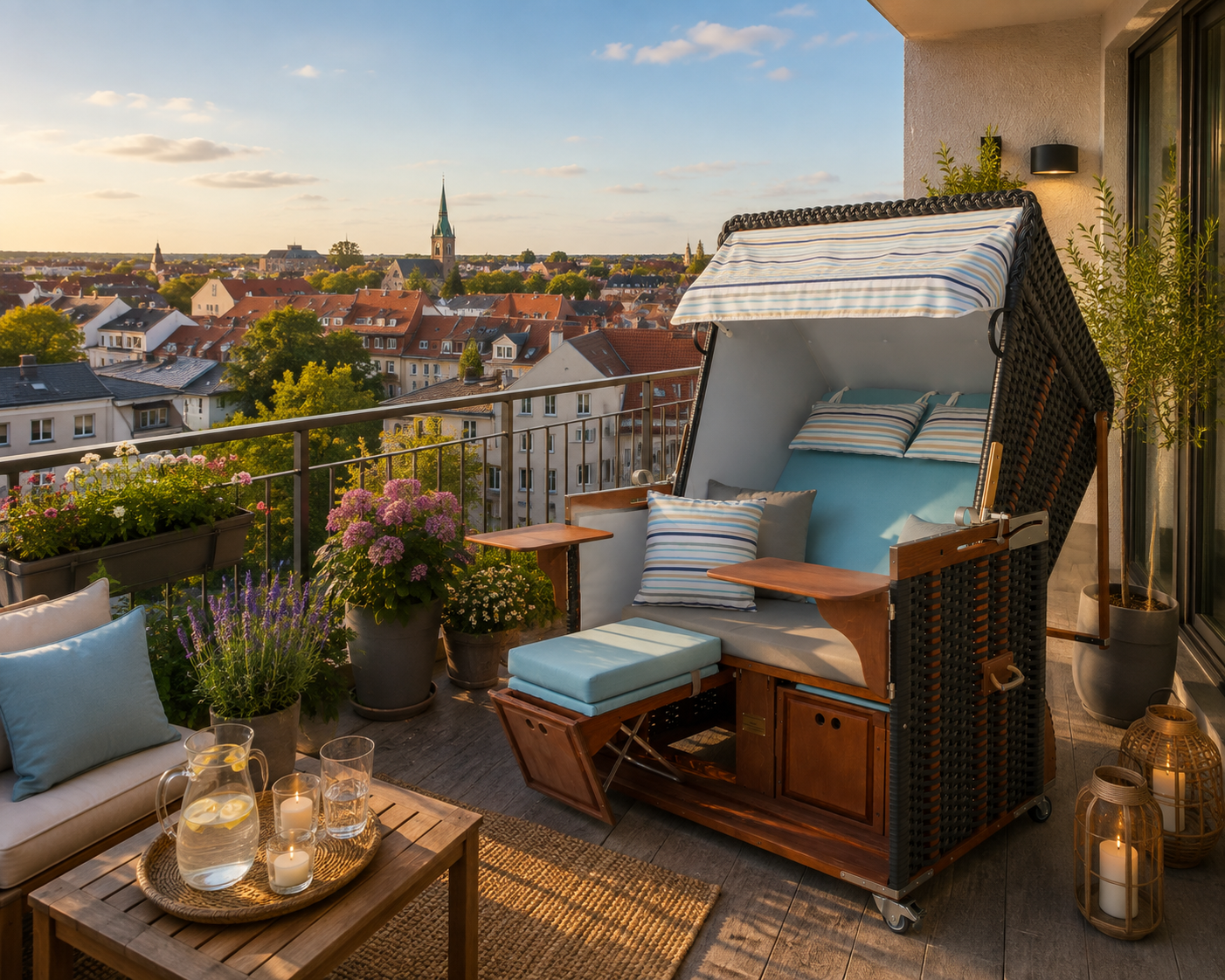 Strandkorb "Büsum" auf einem Balkon - Zweisitzer Nordseeform Volllieger