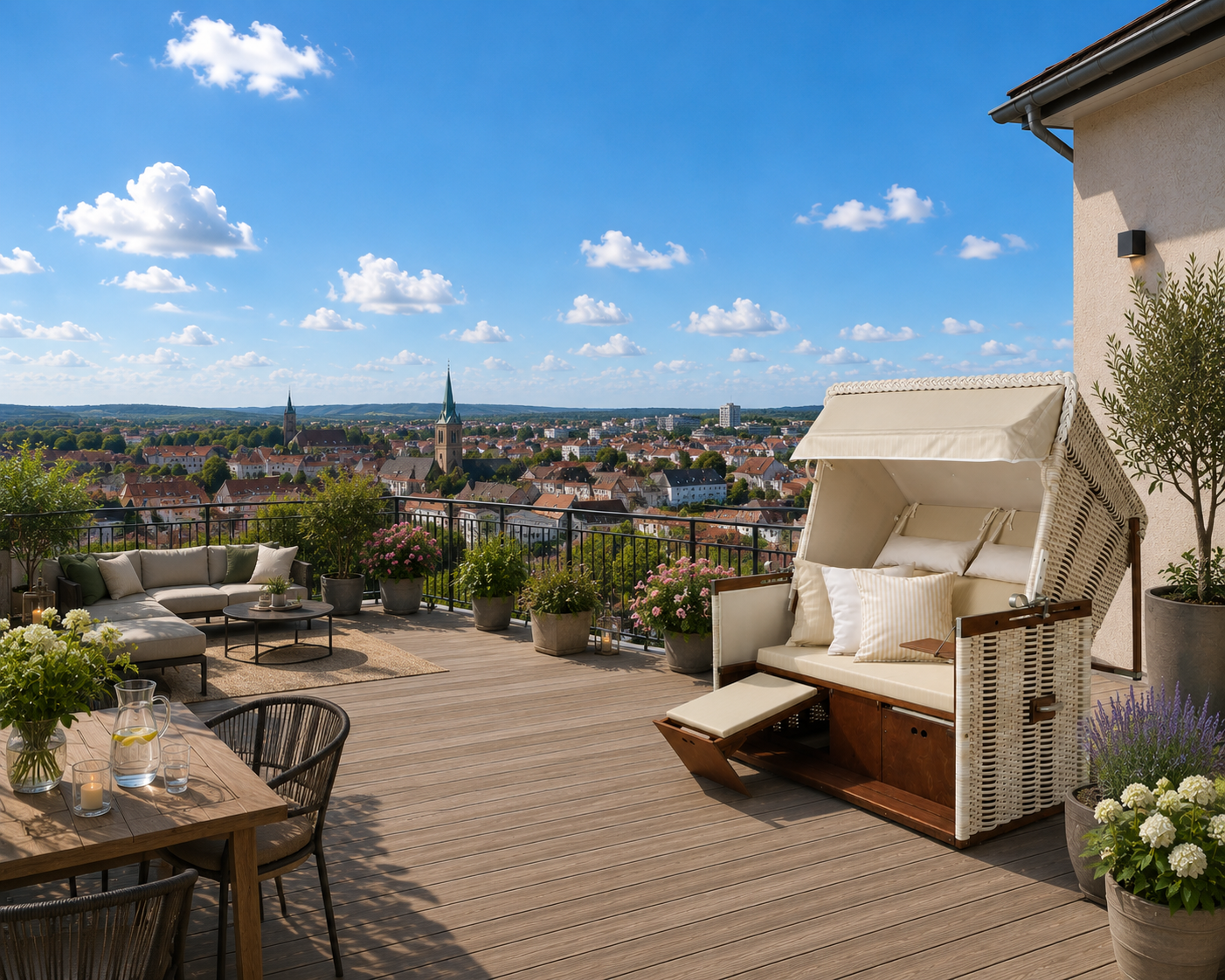 Strandkorb "Hamburg" auf einem Balkon - Zweisitzer Extrabreit Nordseeform Volllieger