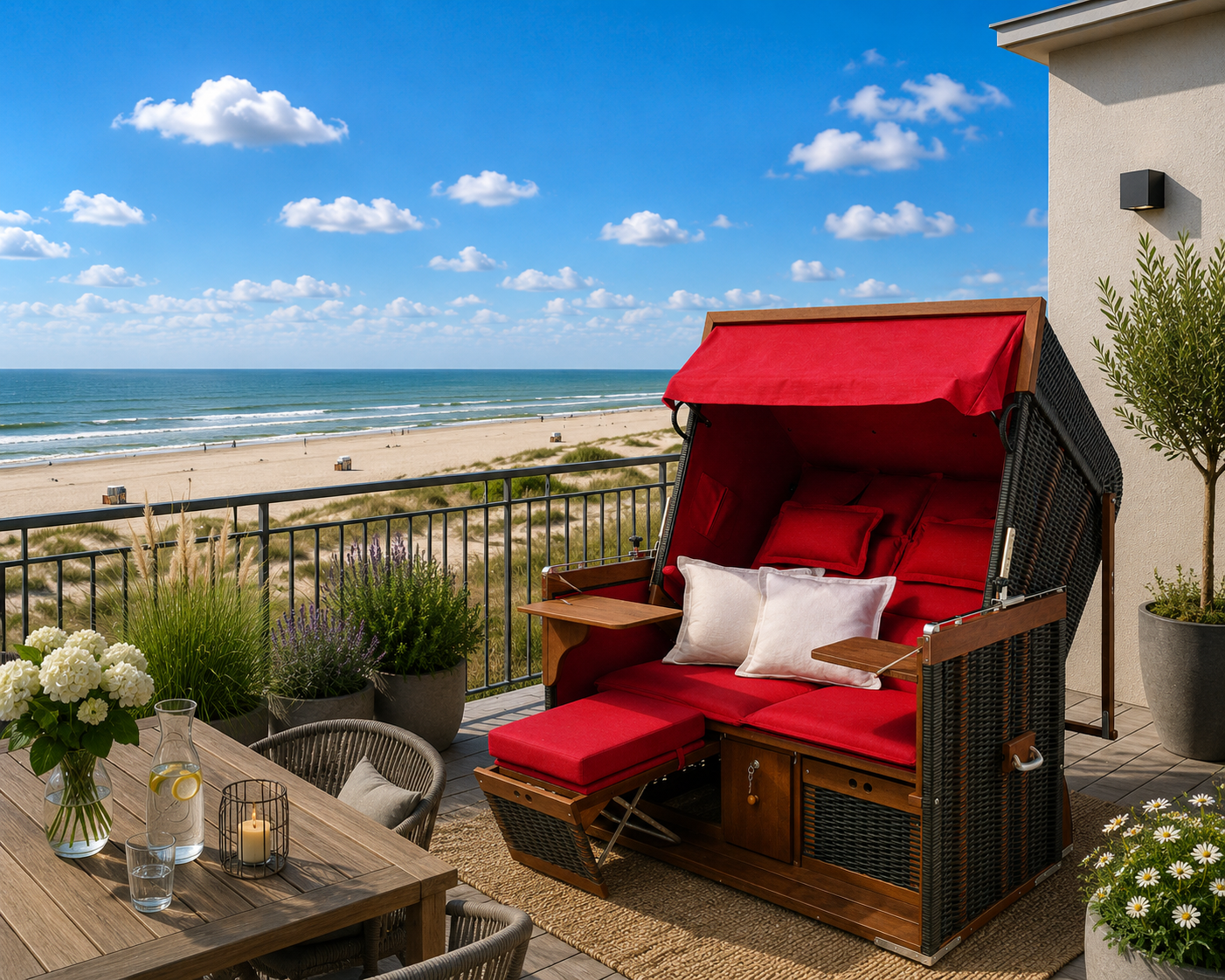 Strandkorb "Den Haag" auf einem Balkon - Zweisitzer Extrabreit Nordseeform Volllieger