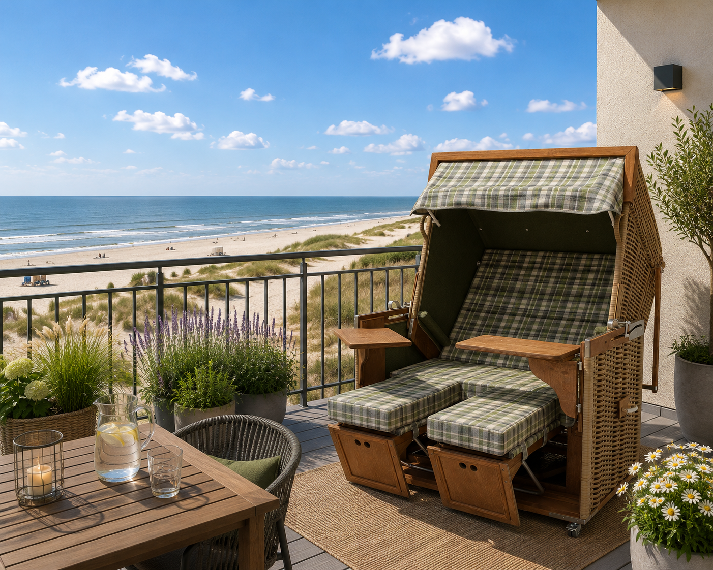 Strandkorb "Hooge" auf einem Balkon - Zweisitzer Nordseeform Volllieger