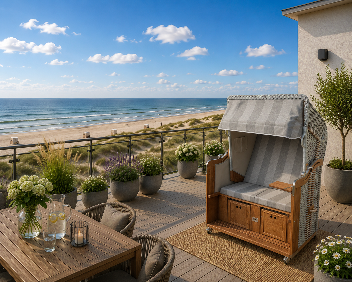 Strandkorb "SiverStripes" auf einem Balkon - Zweisitzer Ostseeform Halblieger