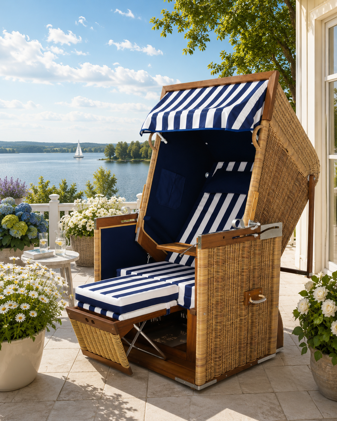 Strandkorb "Blue Stripes" auf einer Terrasse - Einsitzer Nordseeform Volllieger