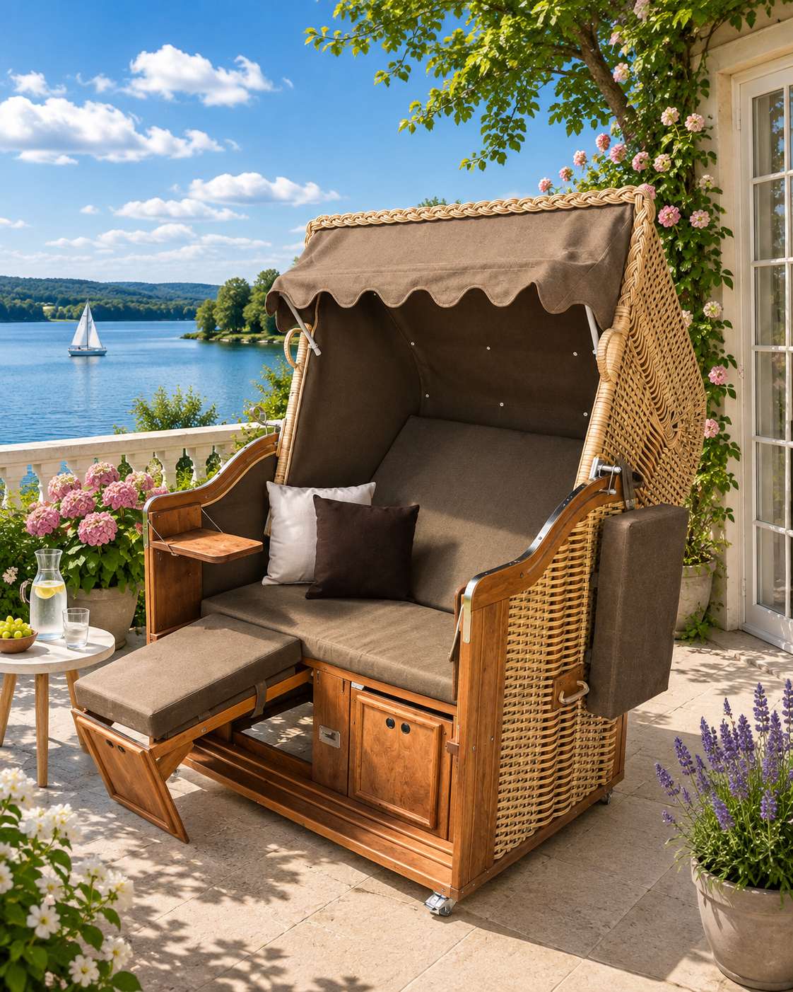 Strandkorb "Bornholm" auf einer Terrasse - Zweisitzer Ostseeform Halblieger