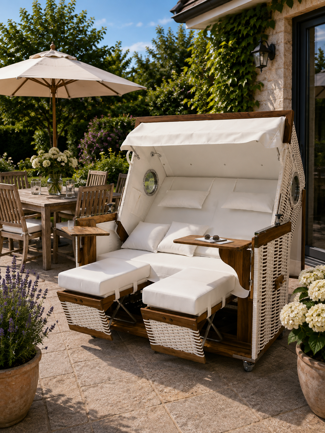 Strandkorb "Elegant" auf einer Terrasse - Zweisitzer Extrabreit Nordseeform Volllieger