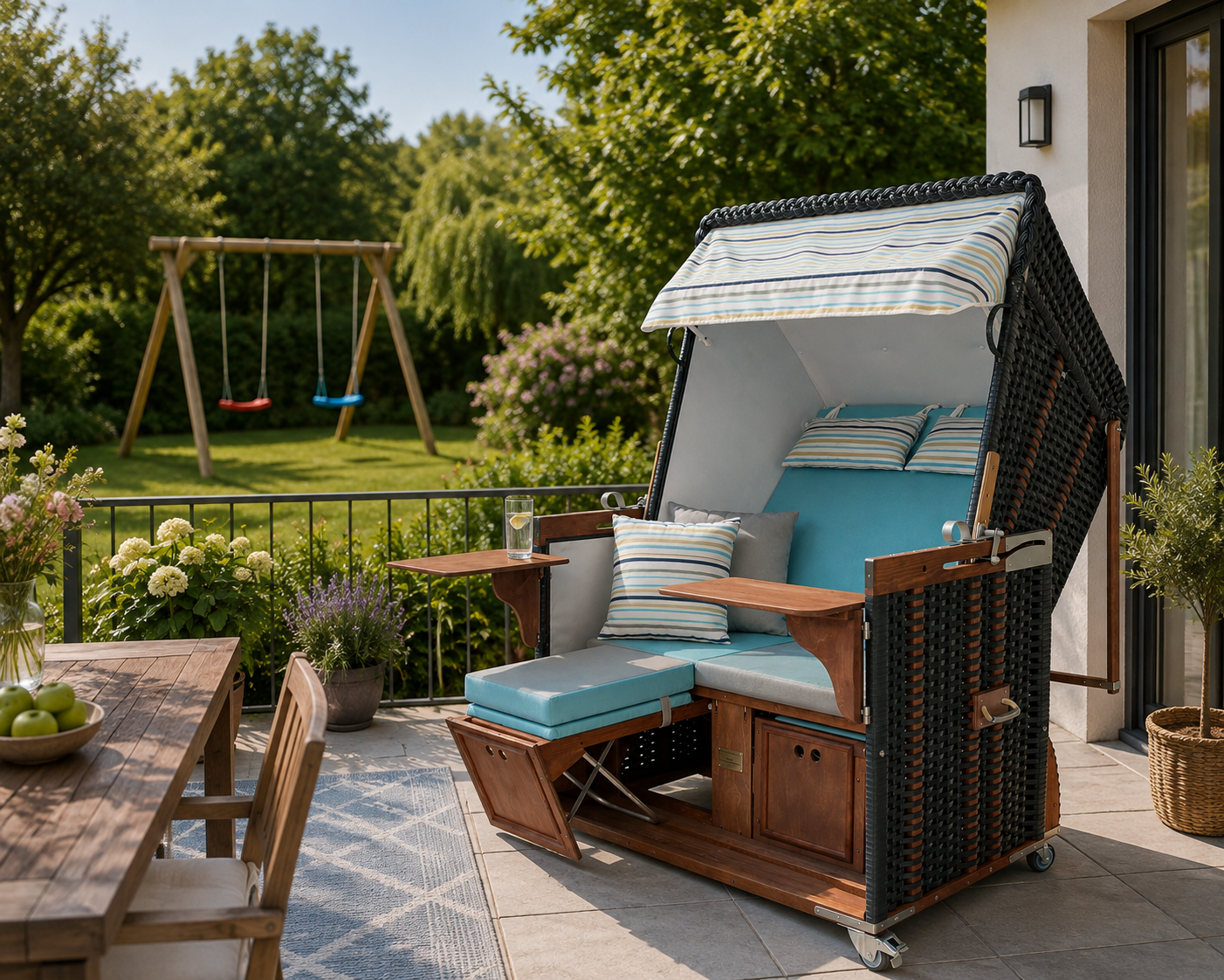 Strandkorb "Büsum" auf einer Terrasse - Zweisitzer Nordseeform Volllieger