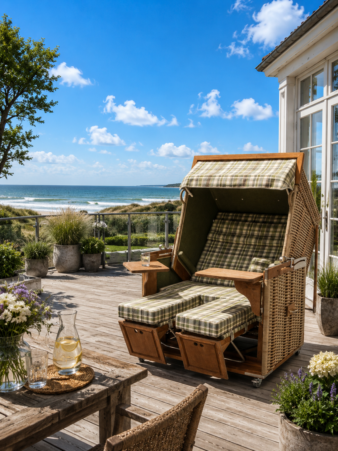 Strandkorb "Hooge" auf einer Terrasse - Zweisitzer Nordseeform Volllieger
