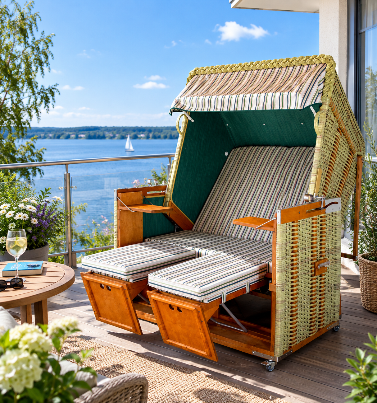 Strandkorb "Seegras" auf einem Balkon - Zweisitzer Nordseeform Volllieger